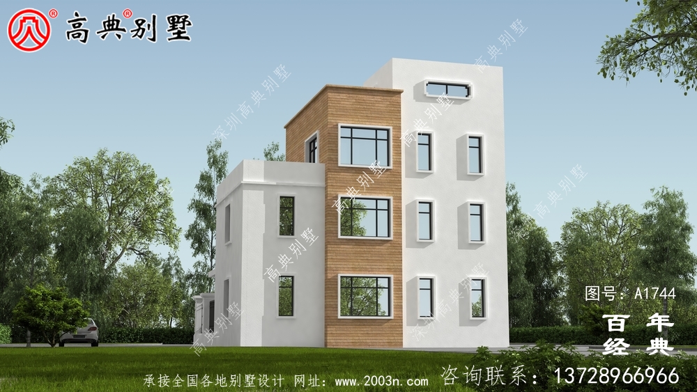 現代風四層帶庭院別墅設計圖紙_農村四層別墅設計