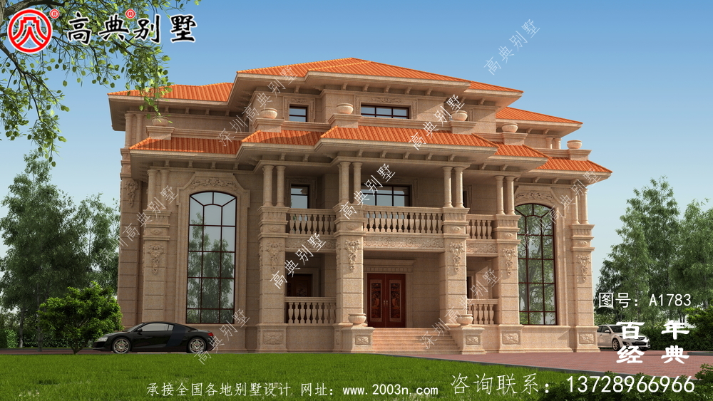 歐式三層石材復式雙拼別墅圖紙及效果圖_農村三層自建房設計圖