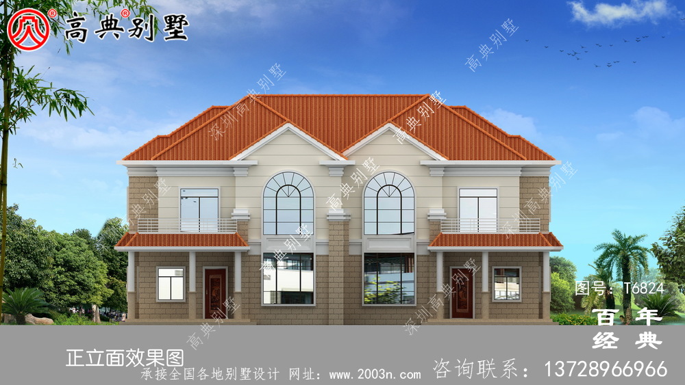 農村兩層雙拼歐式別墅圖紙及效果圖_農村兩層自建房設計圖