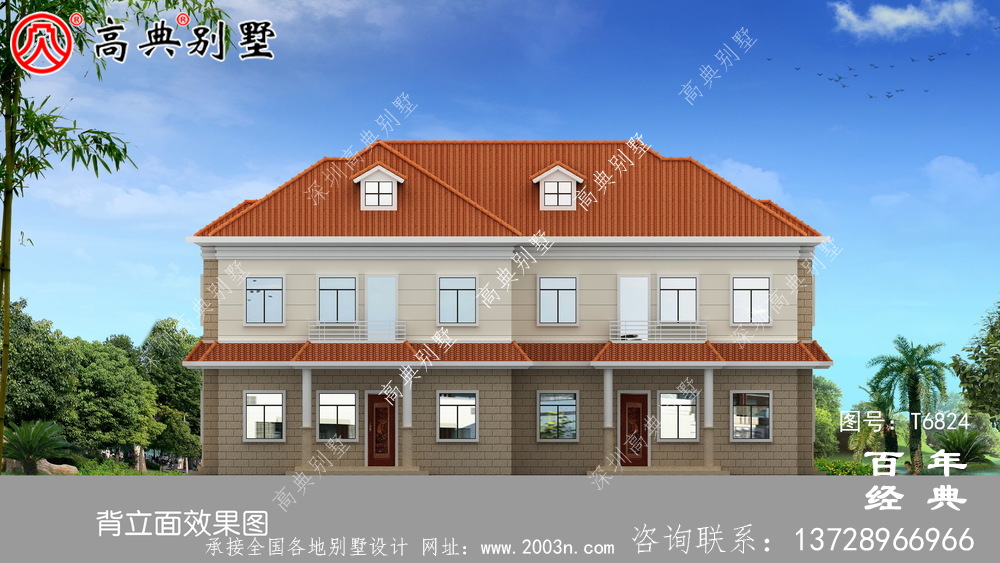 農村兩層雙拼歐式別墅圖紙及效果圖_農村兩層自建房設計圖