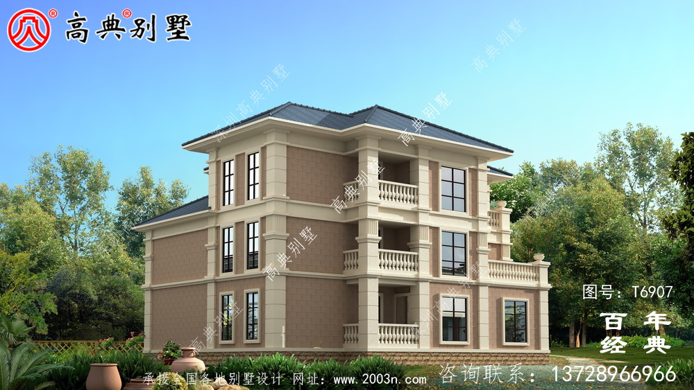 歐洲三層復式別墅帶露臺設計圖紙_三層別墅效果圖紙