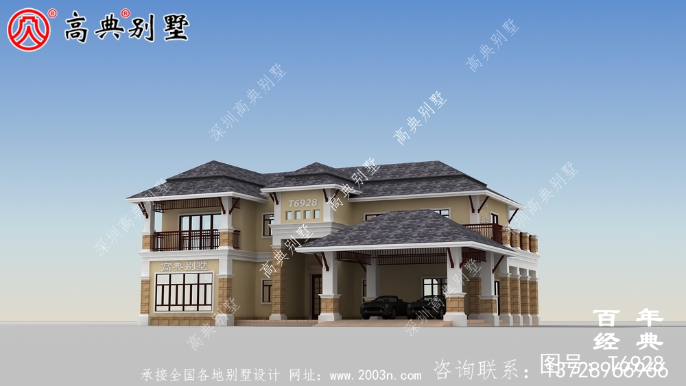 歐式二層帶露臺別墅設計效果圖及施工圖_農村兩層別墅設計圖
