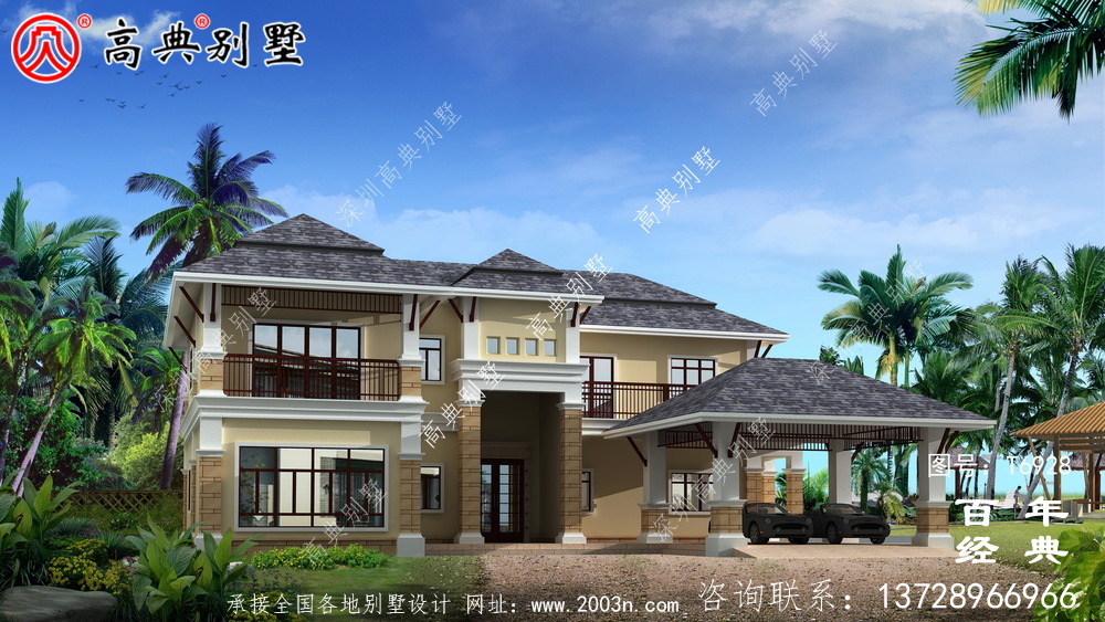 歐式二層帶露臺別墅設計效果圖及施工圖_農村兩層別墅設計圖
