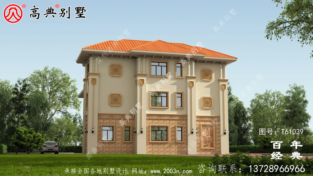 復式三層帶車庫歐式別墅外觀效果圖及施工圖設計_農村三層別墅圖紙