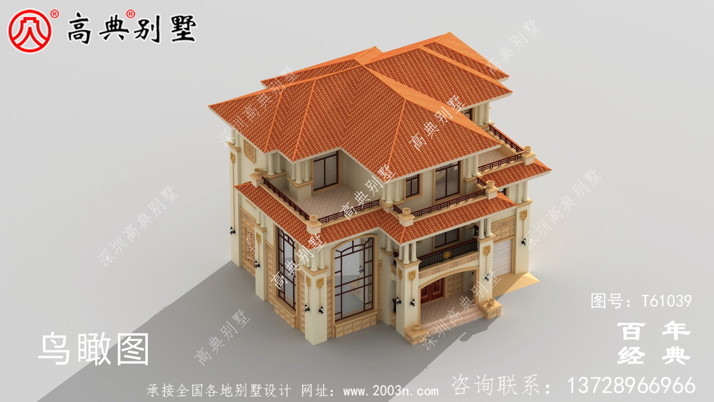復式三層帶車庫歐式別墅外觀效果圖及施工圖設計_農村三層別墅圖紙