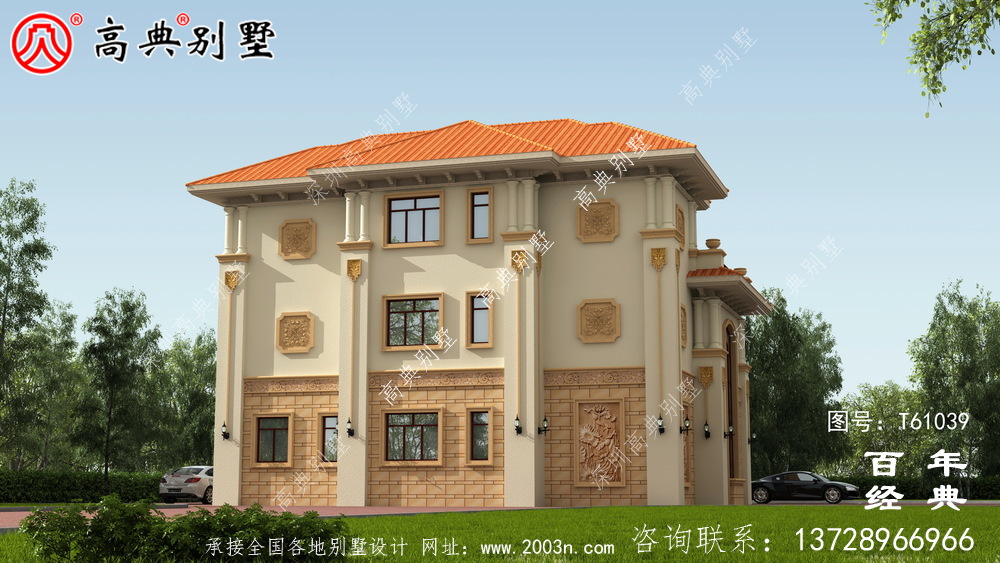 復式三層帶車庫歐式別墅外觀效果圖及施工圖設計_農村三層別墅圖紙