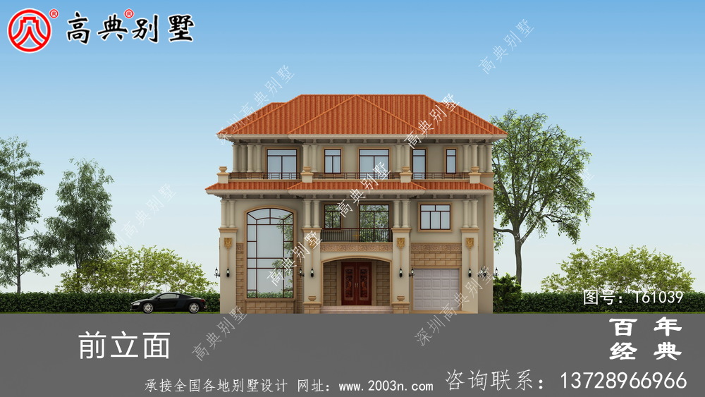 復式三層帶車庫歐式別墅外觀效果圖及施工圖設計_農村三層別墅圖紙