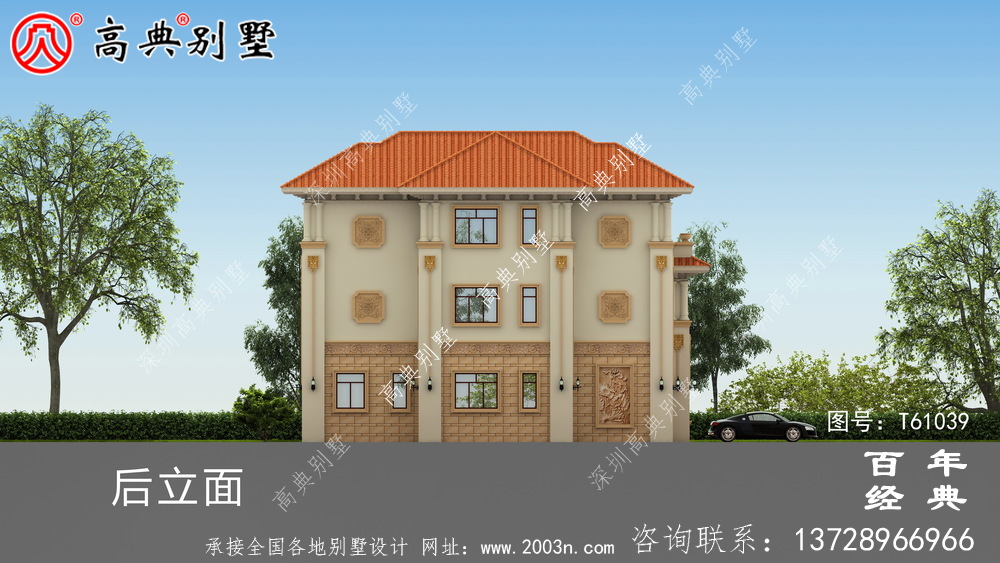 復式三層帶車庫歐式別墅外觀效果圖及施工圖設計_農村三層別墅圖紙