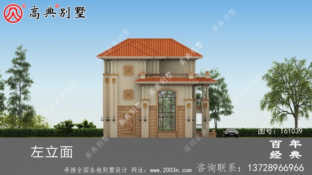 復式三層帶車庫歐式別墅外觀效果圖及施工圖設計_農村三層別墅圖紙