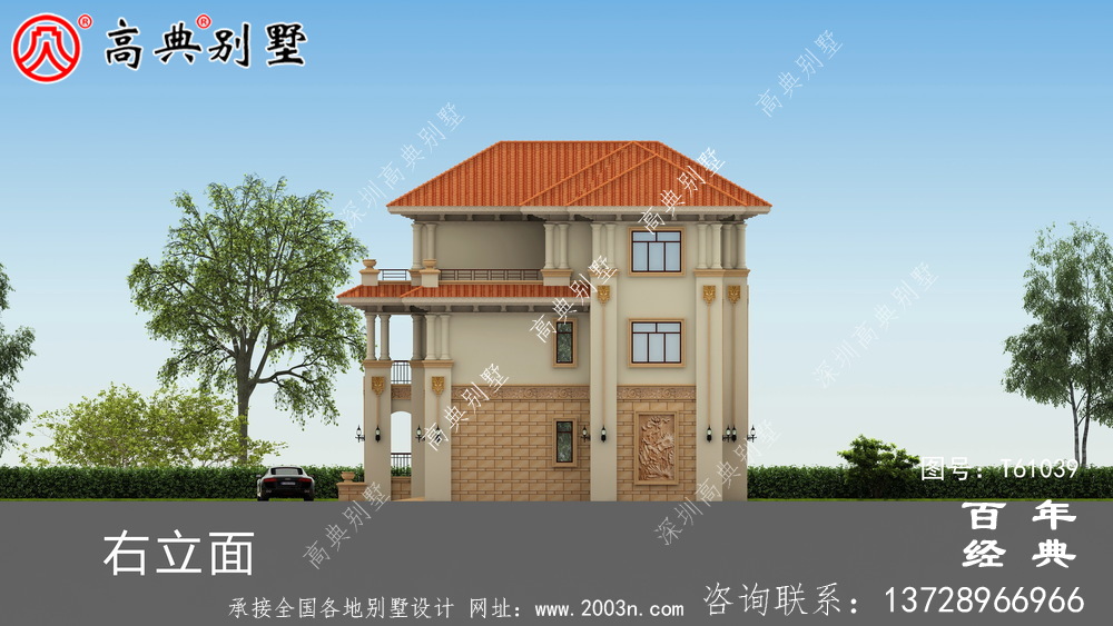 復式三層帶車庫歐式別墅外觀效果圖及施工圖設計_農村三層別墅圖紙