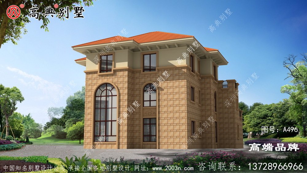 外墻貼石材三層別墅外觀效果圖