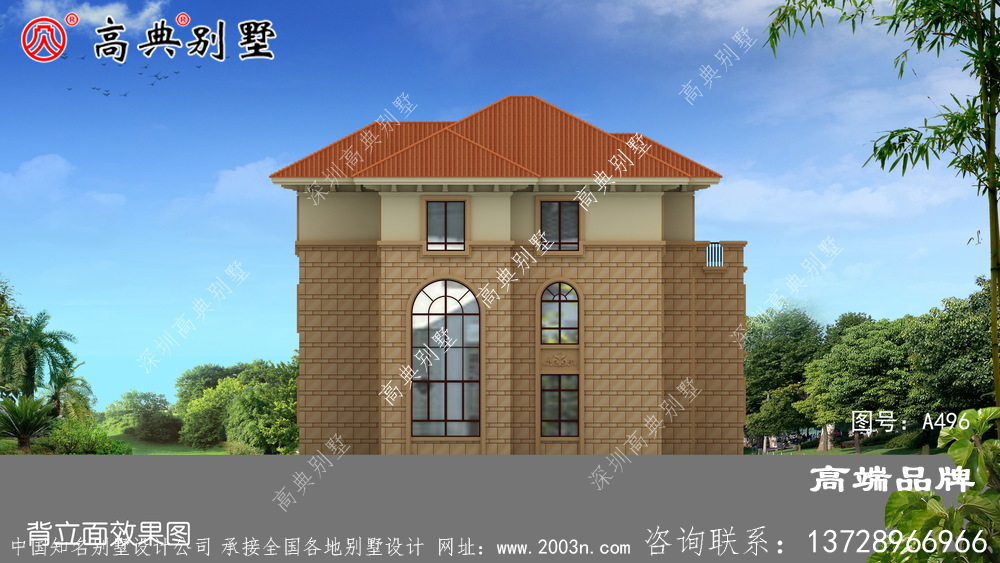 外墻貼石材三層別墅外觀效果圖
