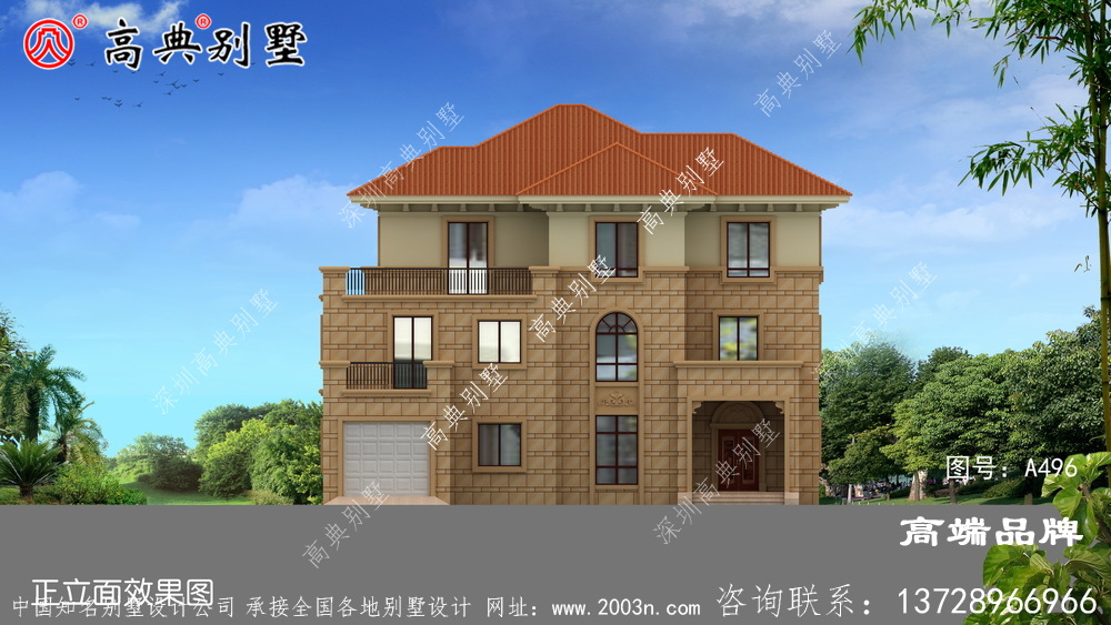 外墻貼石材三層別墅外觀效果圖