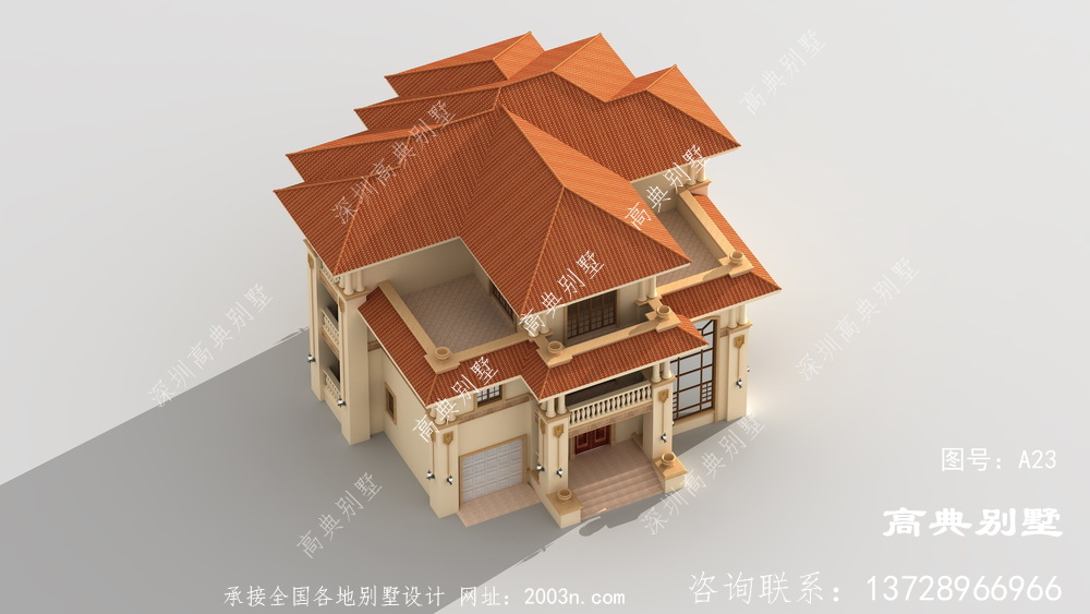 歐式古典三層高檔復式別墅外型設計效果圖