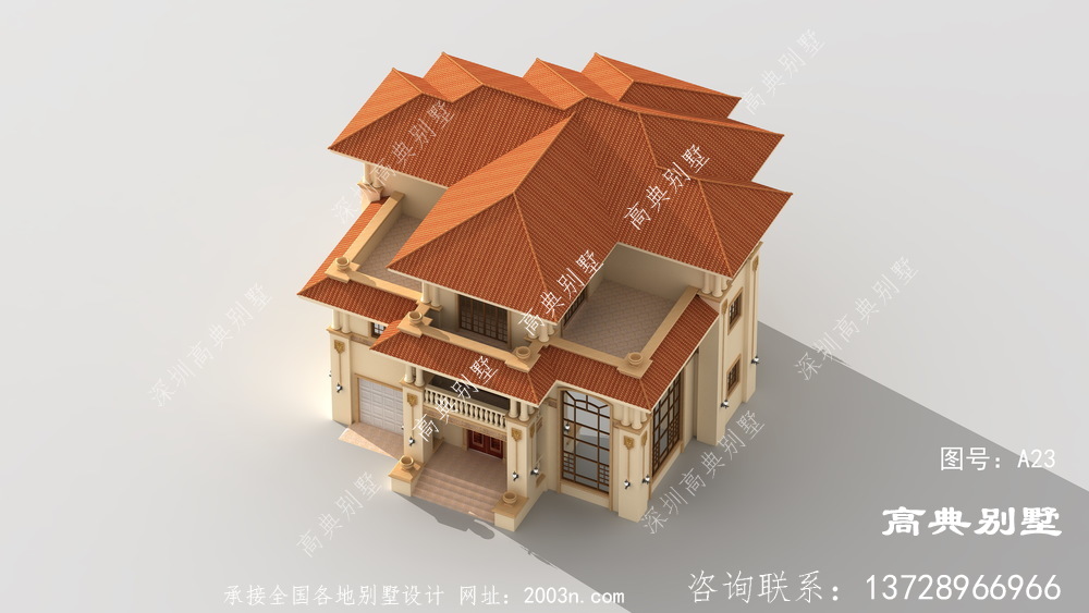 歐式古典三層高檔復式別墅外型設計效果圖