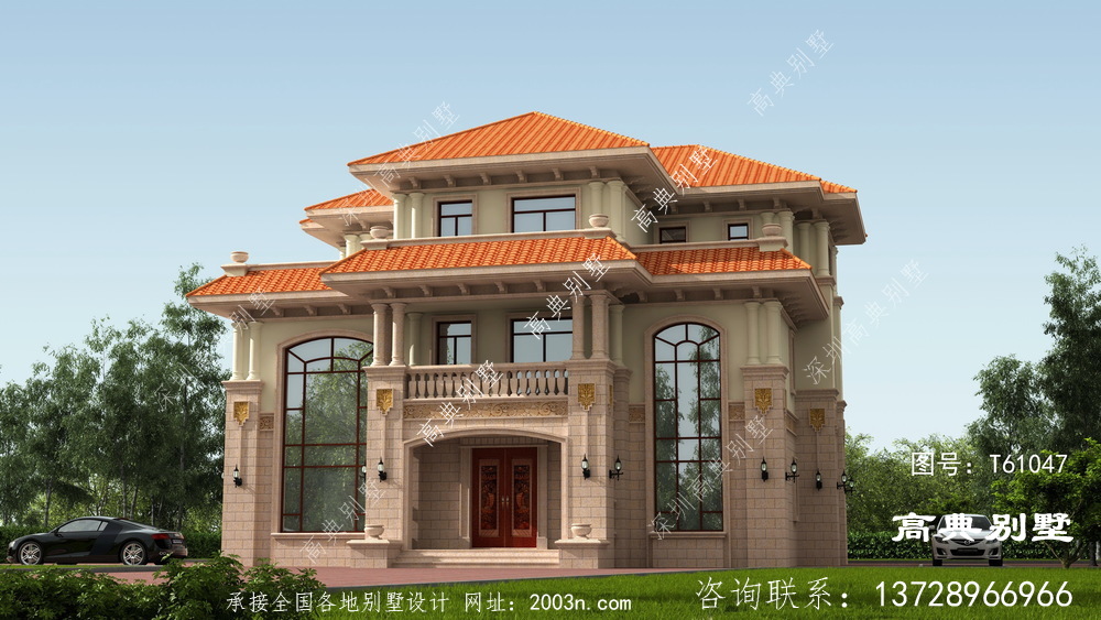 歐式風格三層別墅外墻貼石材設計圖紙