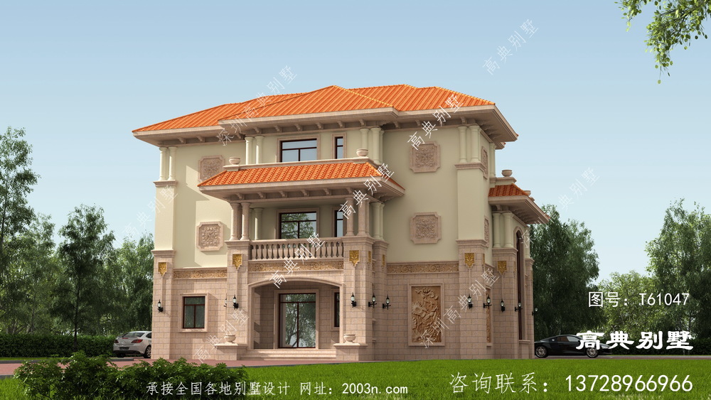 歐式風格三層別墅外墻貼石材設計圖紙